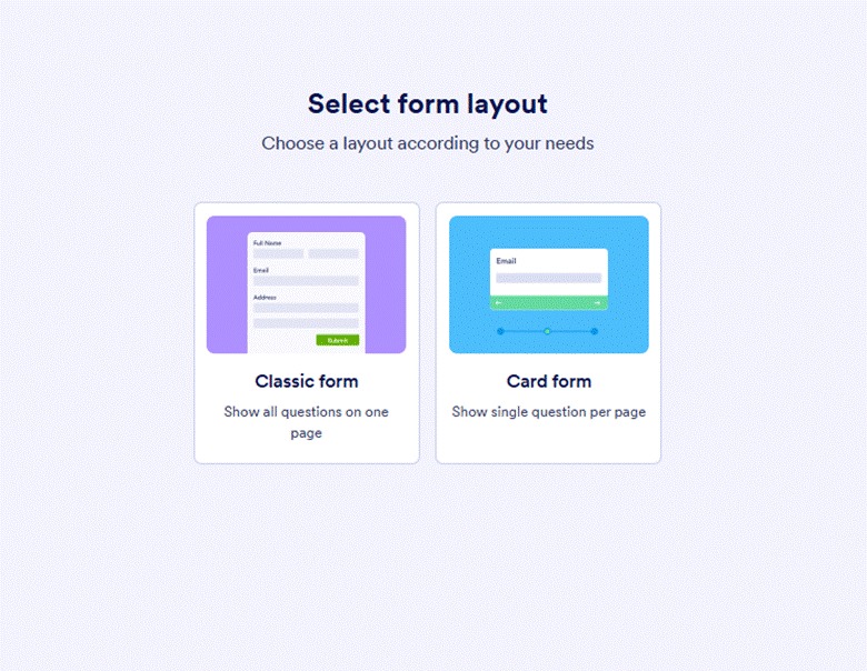 Jotform Form Builder interface showing the form layout options