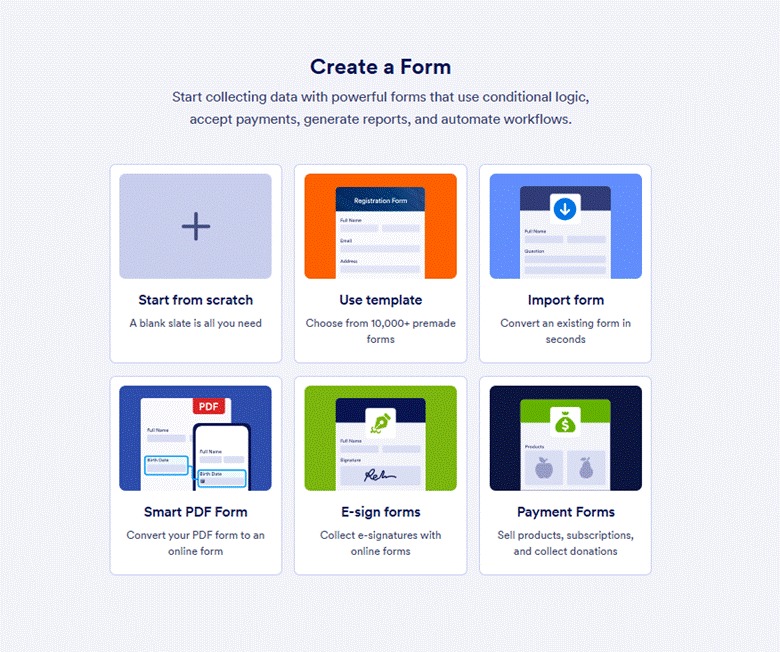 Jotform Form Builder interface showing the form creation options