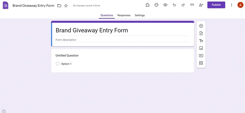 Google Forms interface showing a blank form with the title “Brand Giveaway Entry Form”