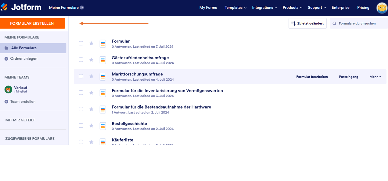 Bild mit dem Button Formular erstellen auf der Jotform-Startseite
