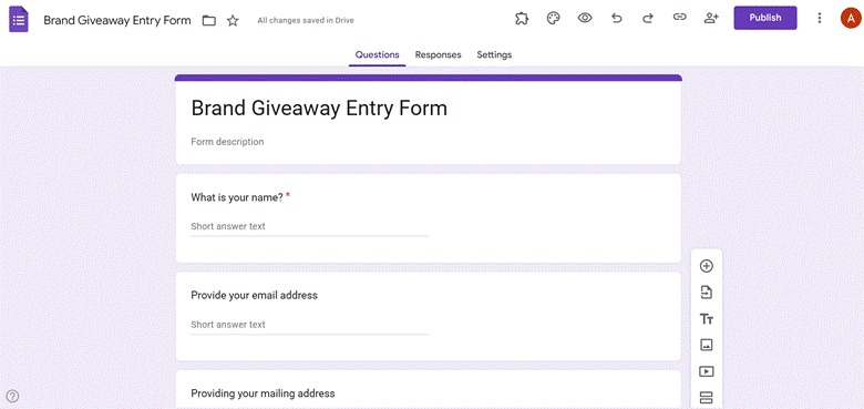 Google Forms interface showing a giveaway form with fields asking for a name, email, and mailing address