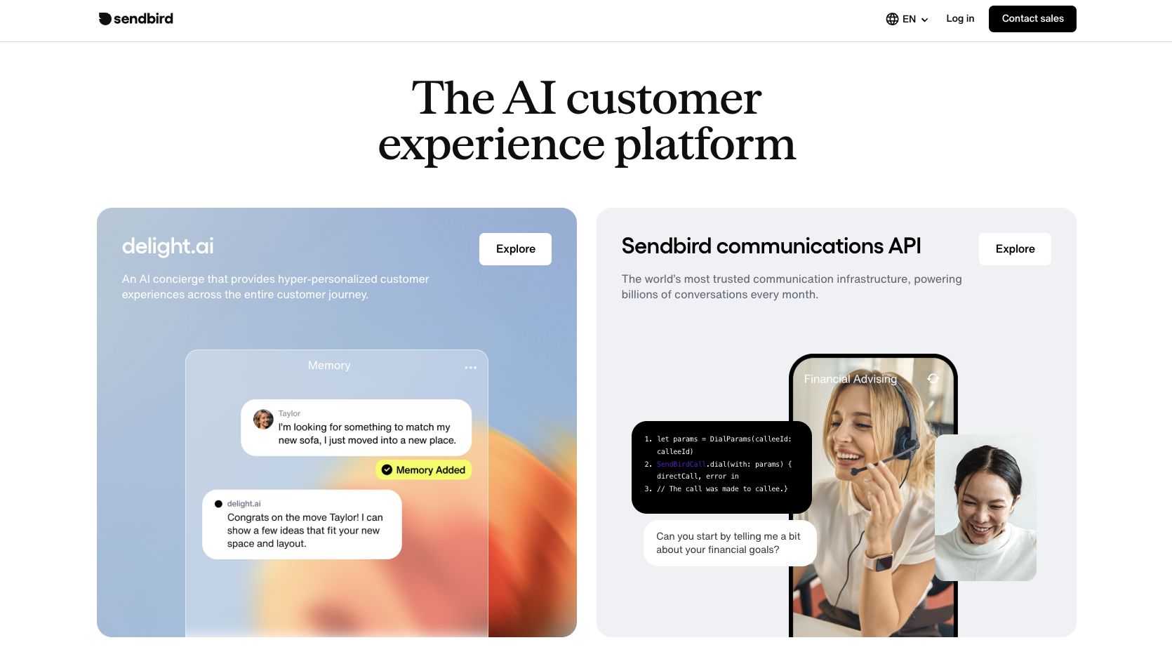 Screenshot of Sendbird landing page, showing a headline "The AI customer experience platform