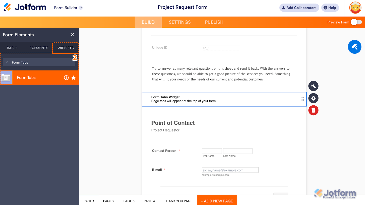 Form Elements menu under the Widgets tab showing the Form Tabs widget being searched and selected