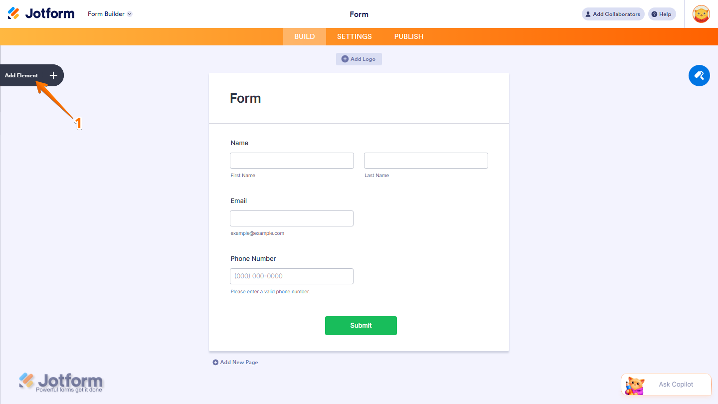 Jotform Form Builder with the Add Element button visible on the left side of the page for adding a new form element