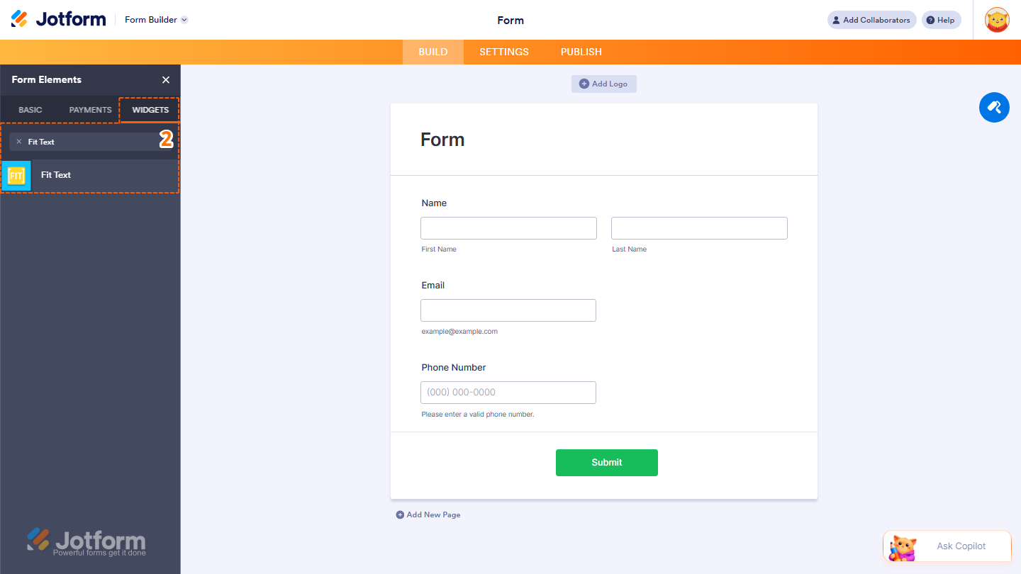 Jotform Form Elements menu under the Widgets tab showing the Fit Text widget in the search results, ready to be selected or dragged and dropped onto the form