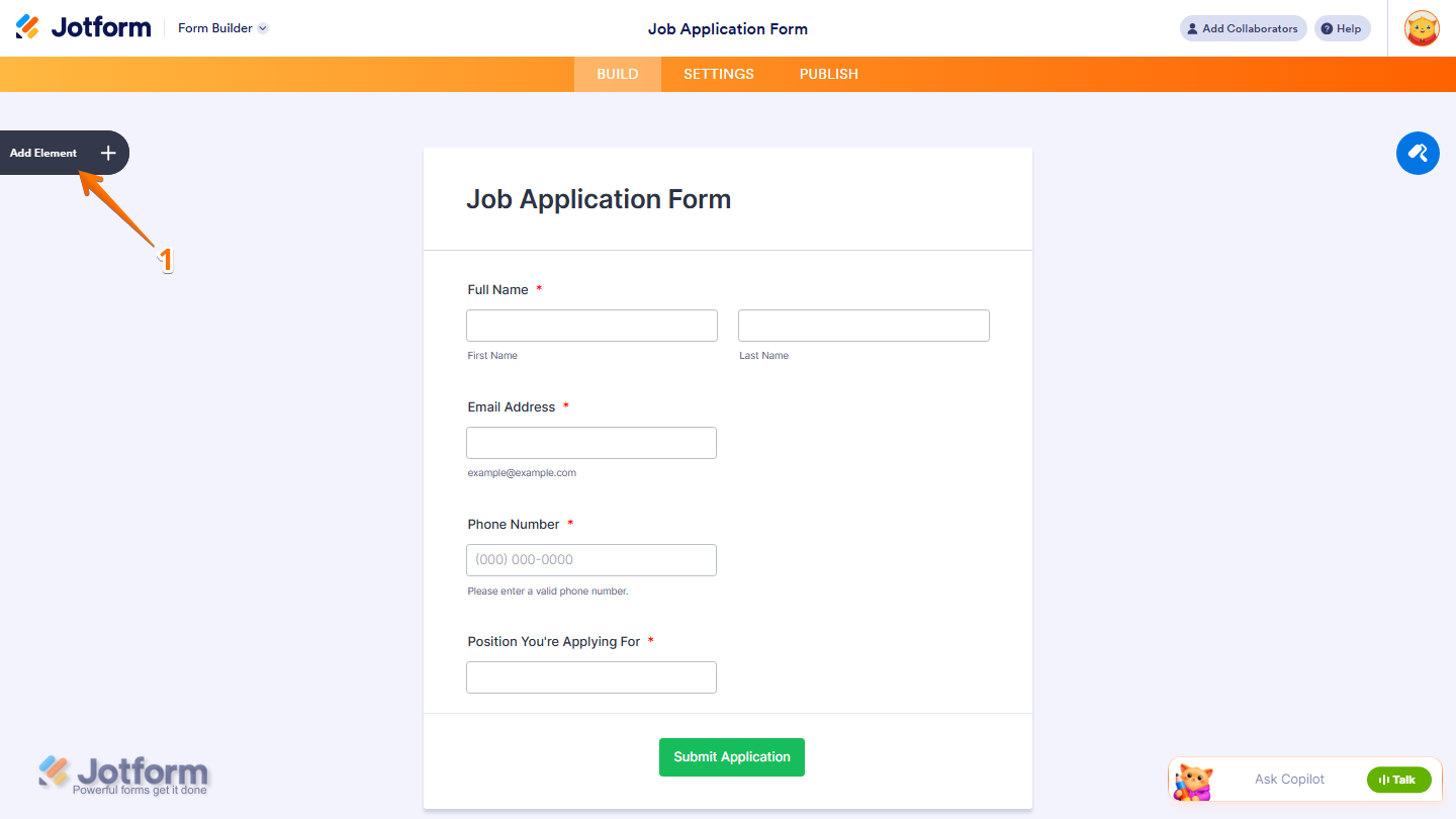 Jotform Form Builder with the Add Element button visible on the left side of the page for adding a new form element