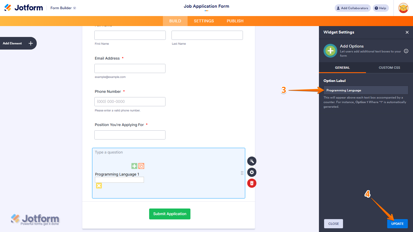 Jotform Add Options widget settings showing the Option Label field for entering a label, with the Update button available to save the configuration
