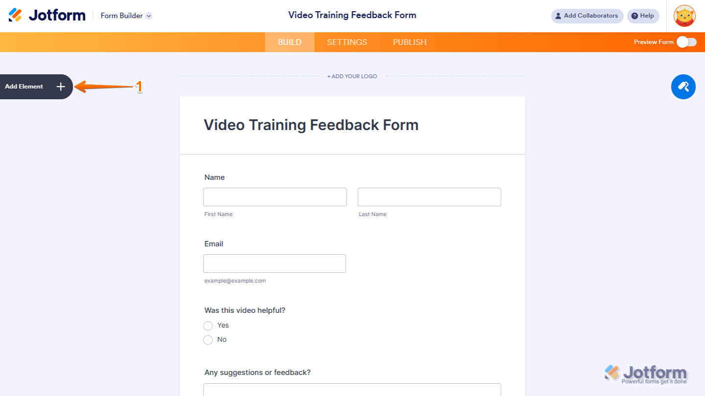 Form Builder Add Element menu in Jotform