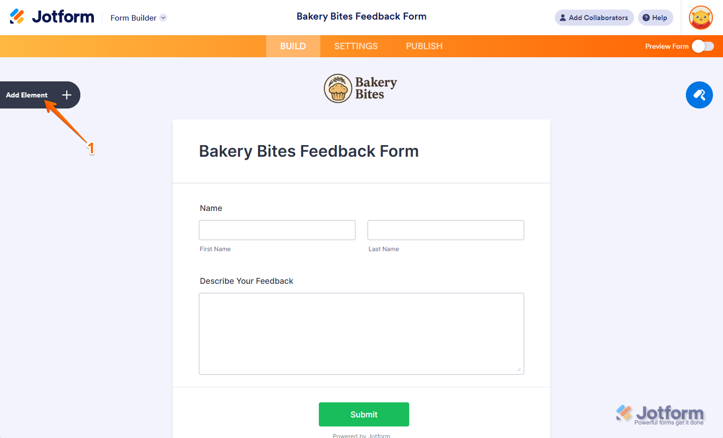 Jotform Form Builder interface showing a form titled “Bakery Bites Feedback Form,” with the “Add Elements” button highlighted on the left side of the builder