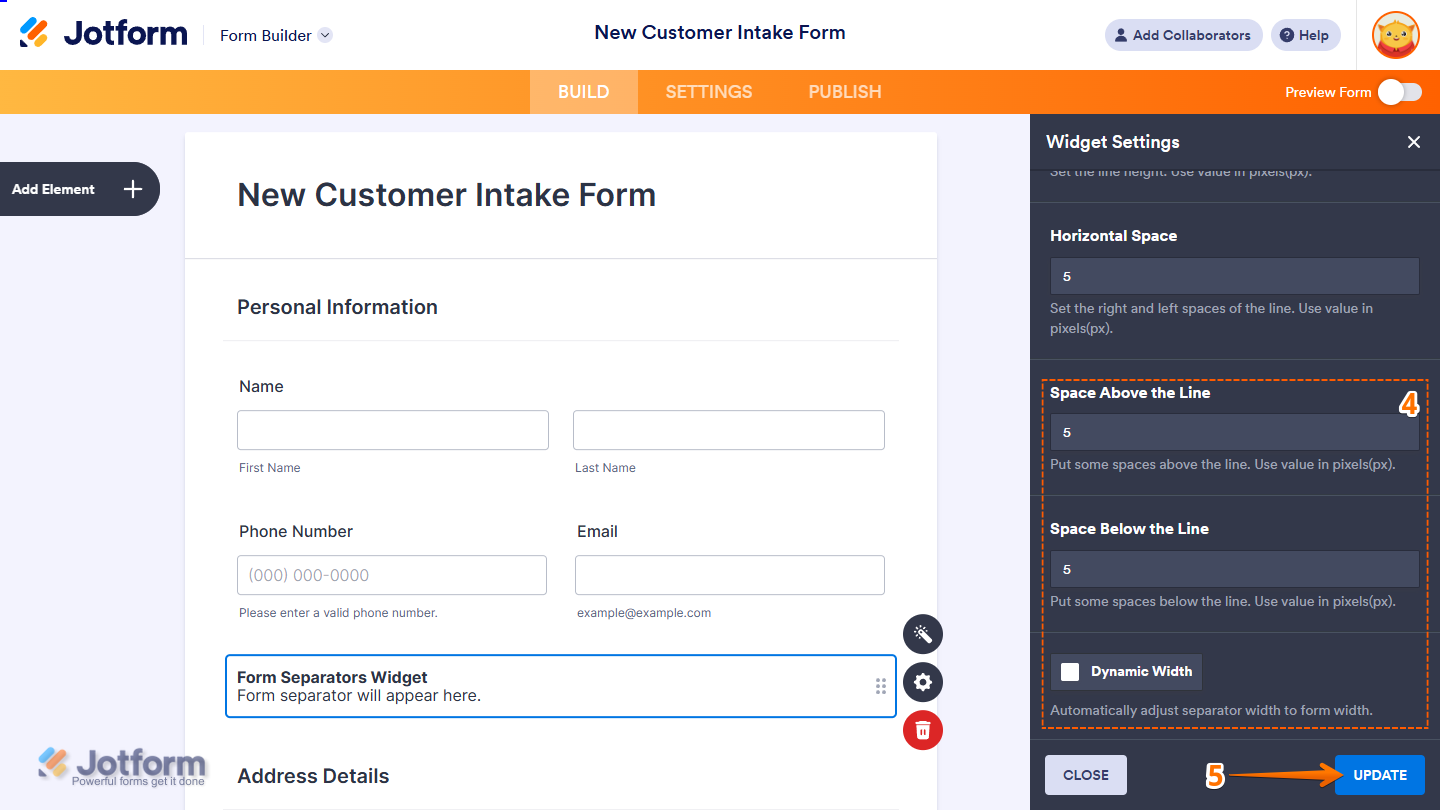Form Separators widget settings showing space above space below dynamic width options and Update button in Jotform