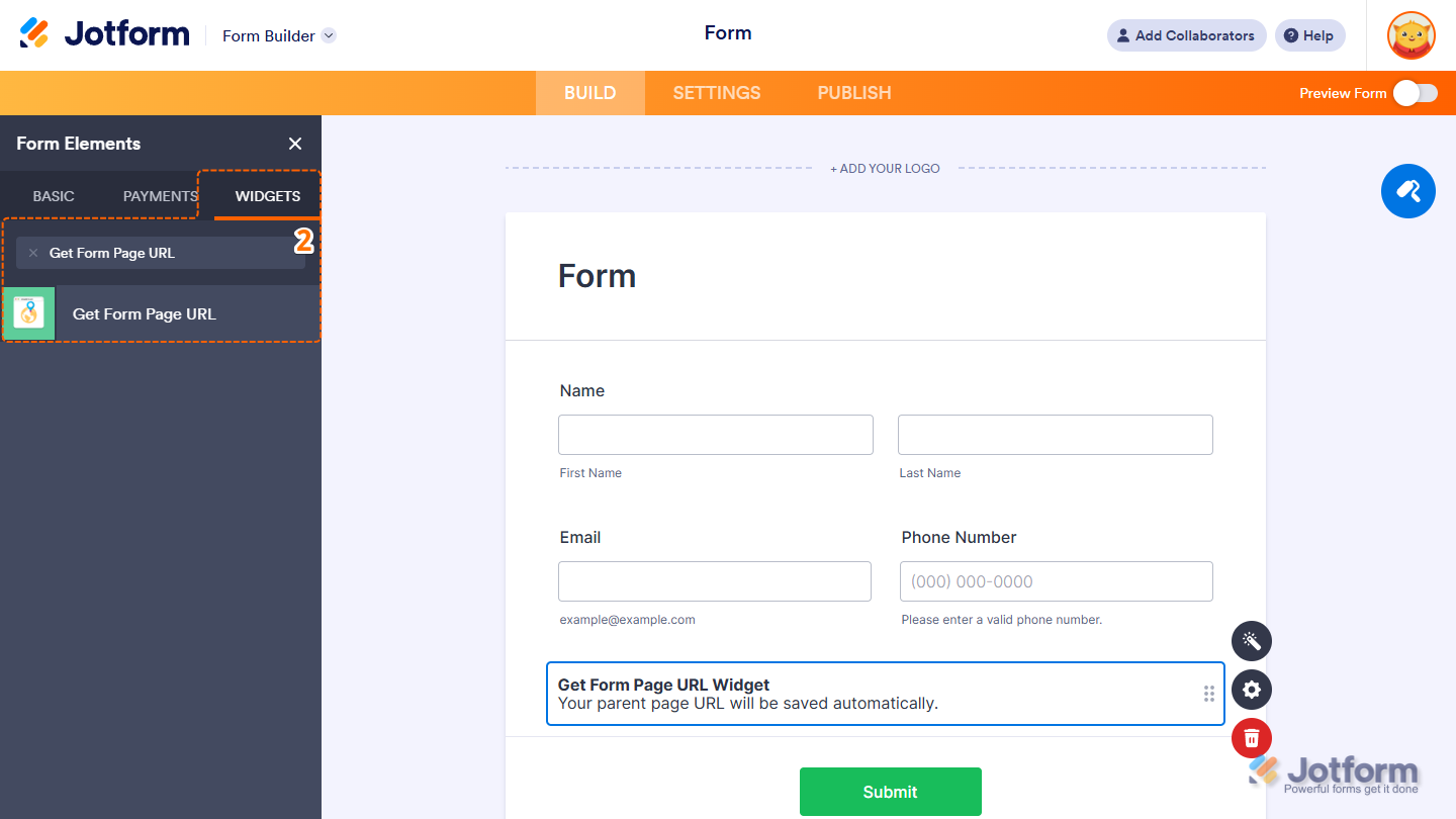 Searching for and adding the Get Form Page URL widget from the Widgets tab in the Form Elements menu in Jotform