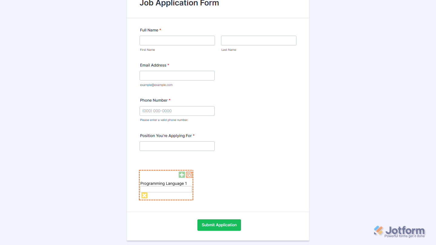Jotform Add Options widget on a form showing the green plus button to add an entry field, the yellow X button to remove a specific field, and the red X button to clear all added fields