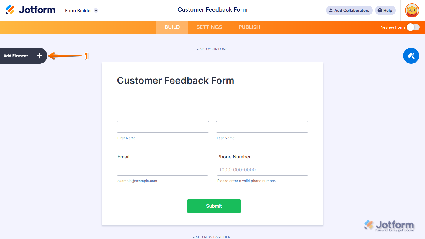 Form Builder Add Element menu in Jotform