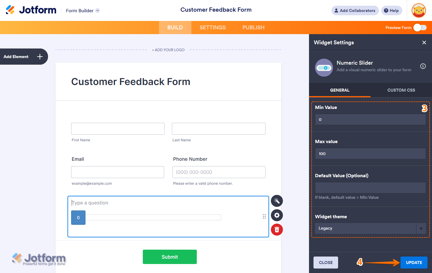 Numeric Slider widget settings showing Min Value Max Value Default Value Widget Theme and Update button in Jotform