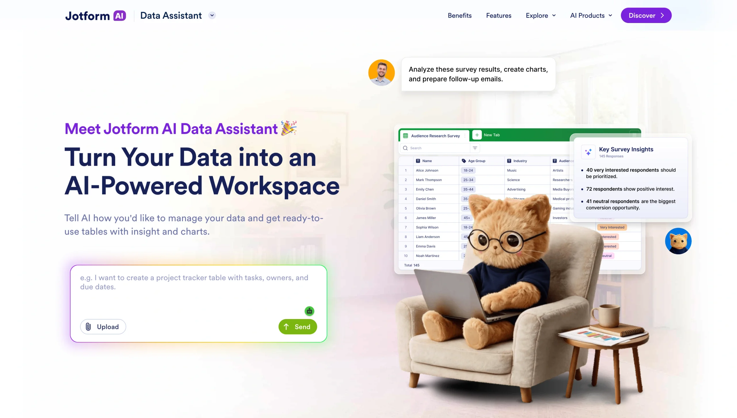 Screenshot of the Jotform AI Data Assistant landing page
