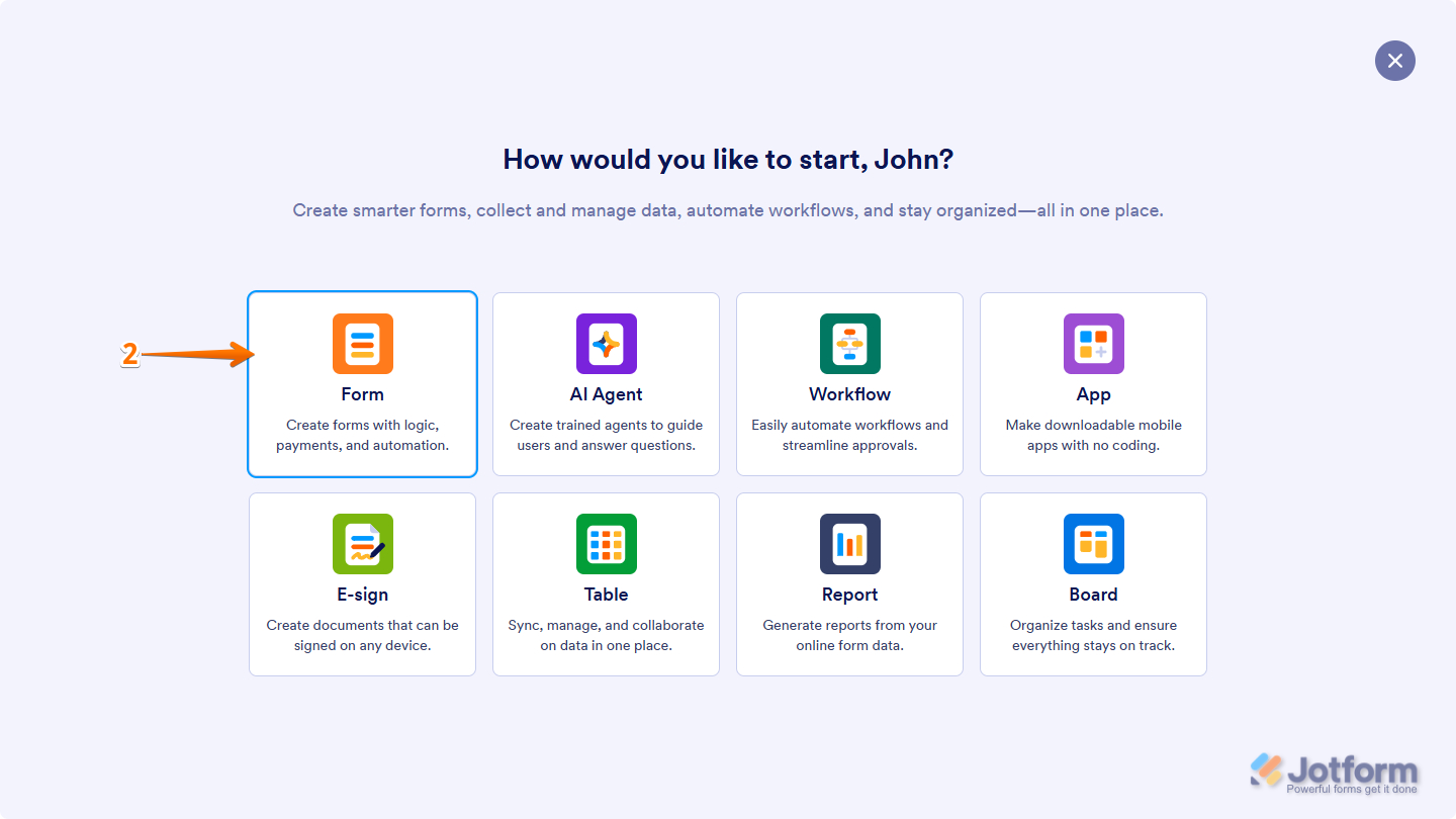 Form option when creating an asset in Jotform