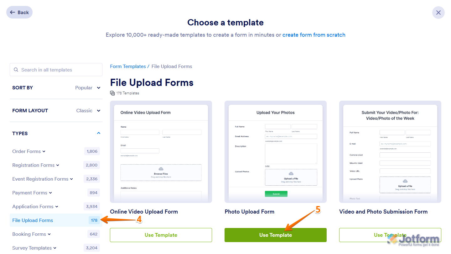 Choose Template page in Jotform