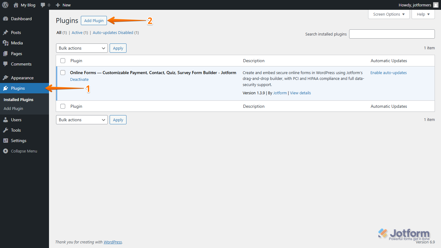 Add Plugin button in WordPress