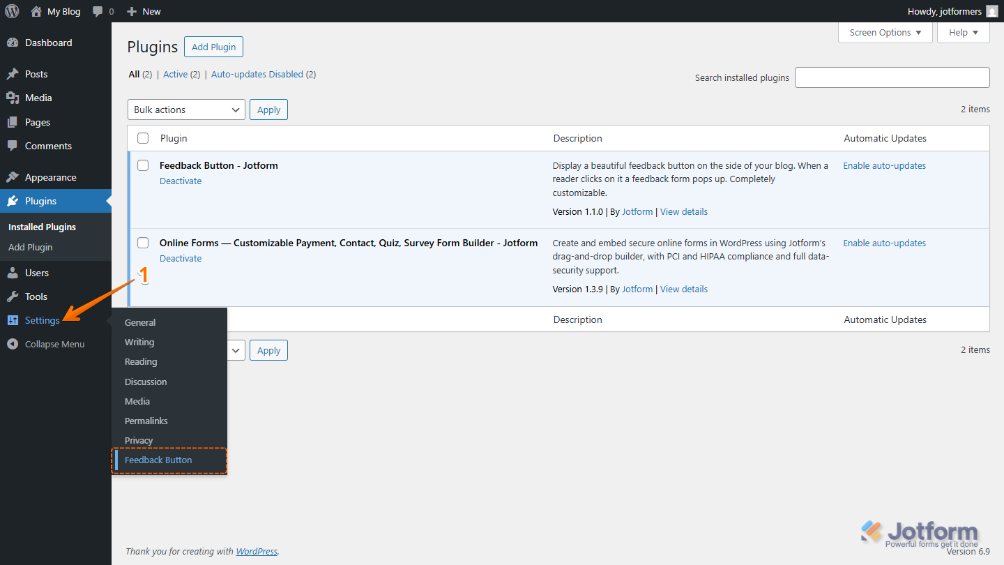 Jotform Feedback Button option in the Settings menu of WordPress