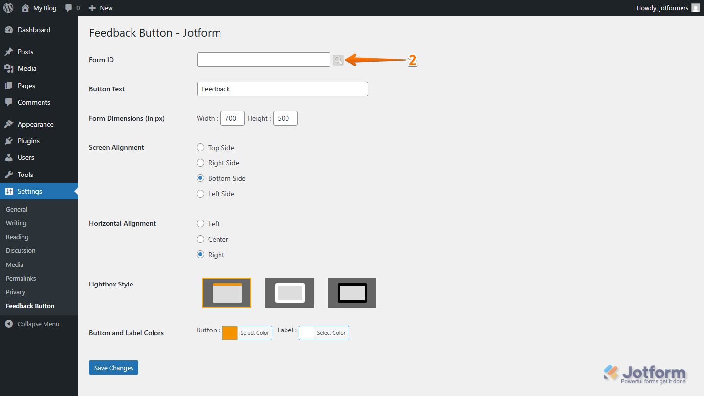 Search form in the Jotform Feedback Button settings