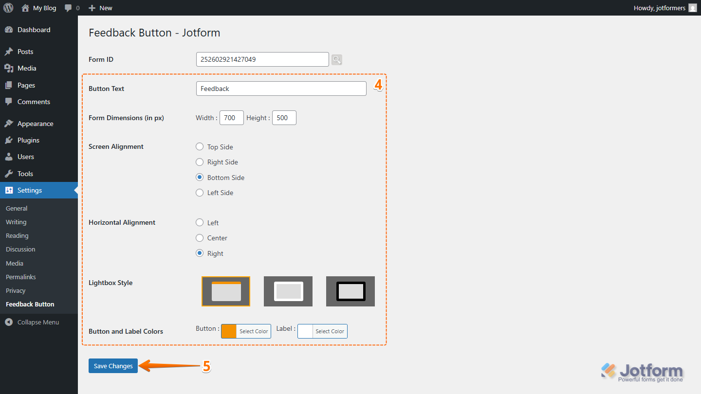 Full settings of the Jotform Feedback Button plugin