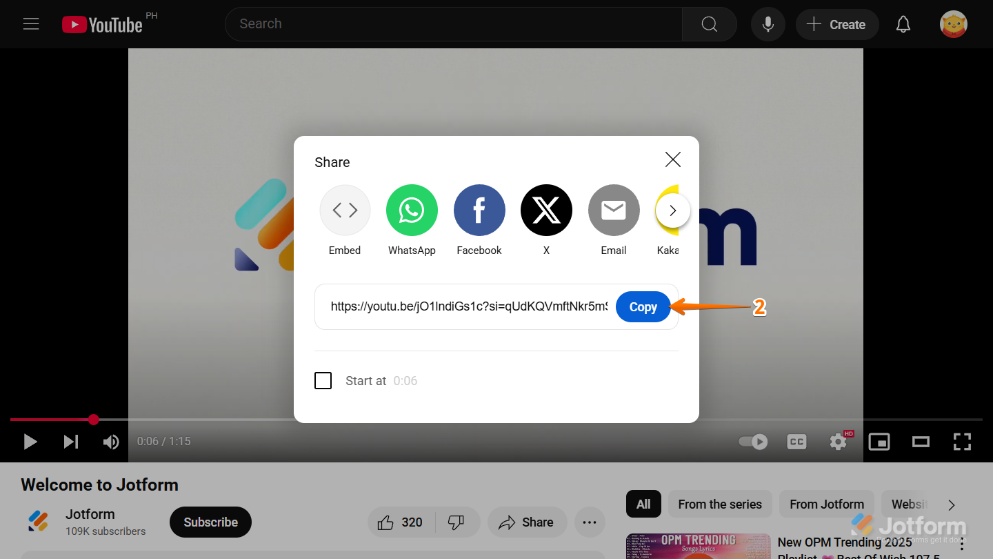 YouTube Share window showing Copy button for copying video URL