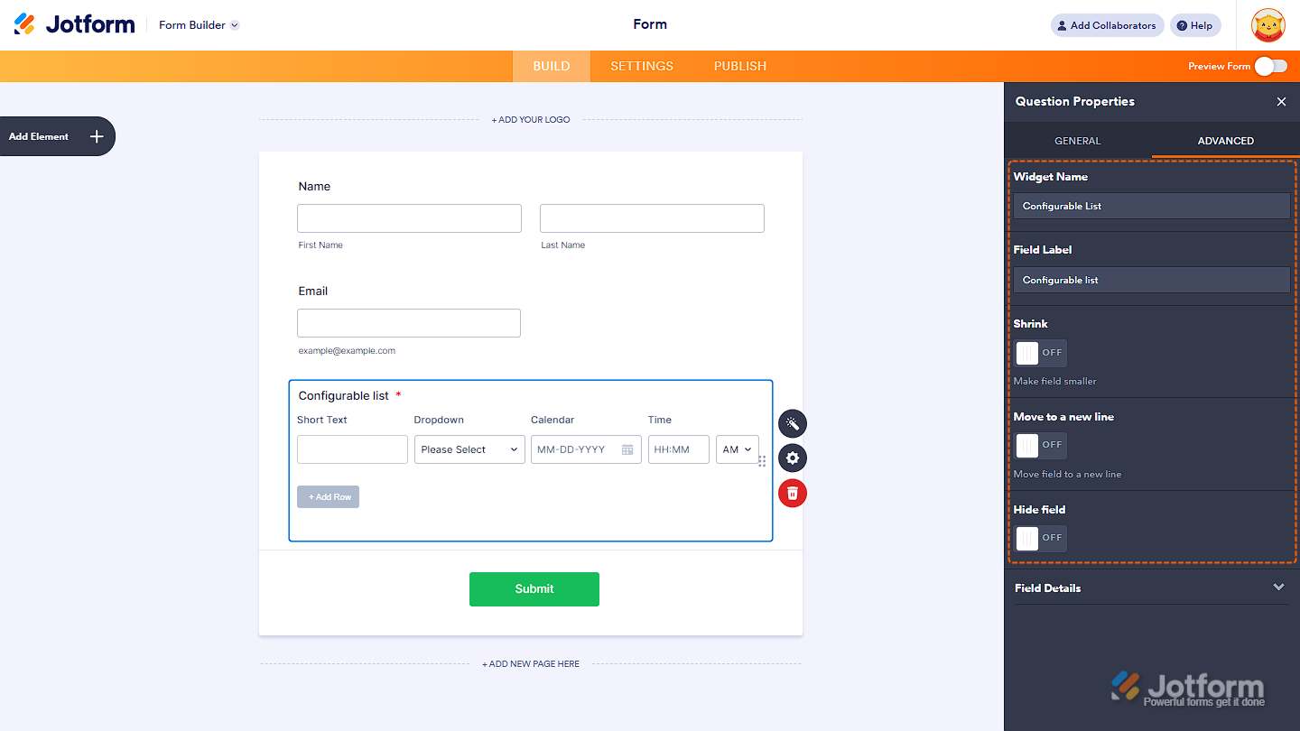 Advanced Tab of the Question Properties in a Jotform widget