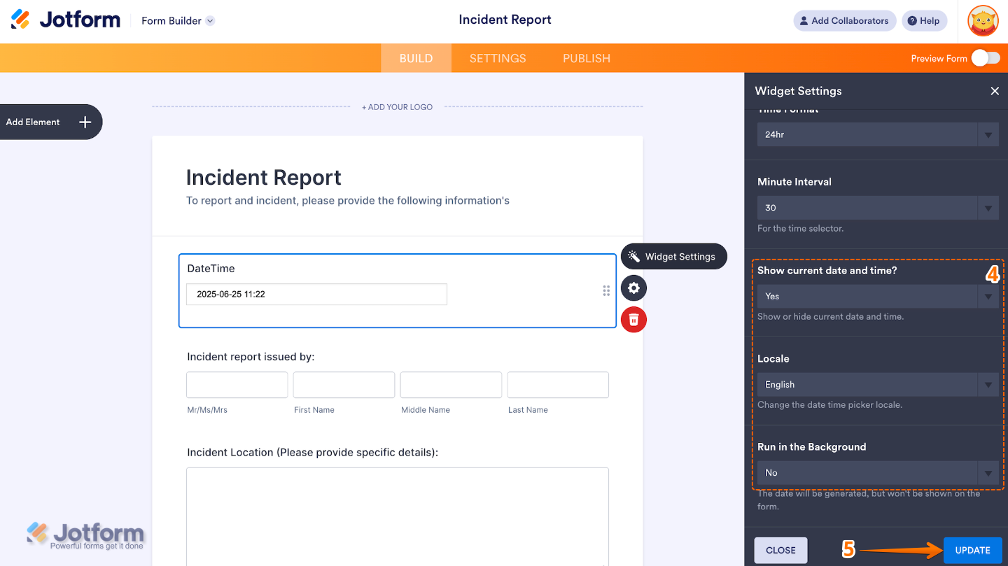 Widget Settings panel scrolled to the bottom, showing additional DateTime Single options and the Update button to save changes