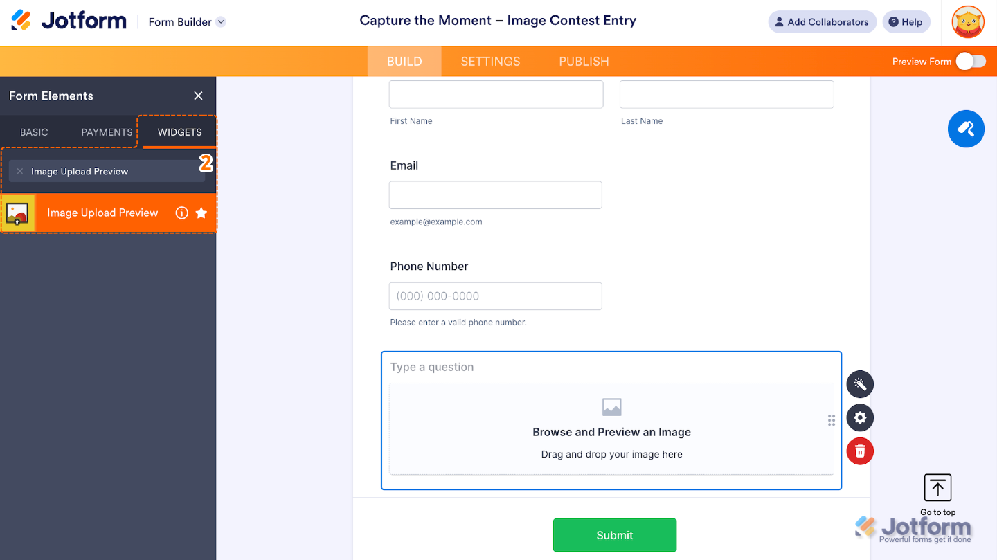 Form Elements menu with the Widgets tab open and the Image Upload Preview widget selected