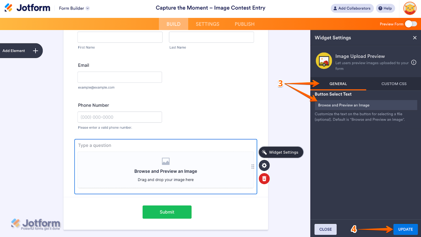 Image Upload Preview widget settings panel showing the General tab options with the Update button selected