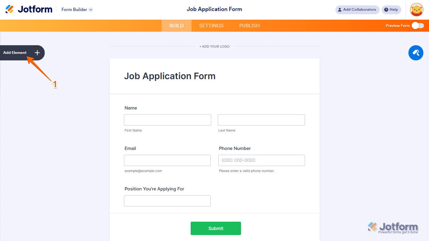 Form Builder Add Element menu in Jotform