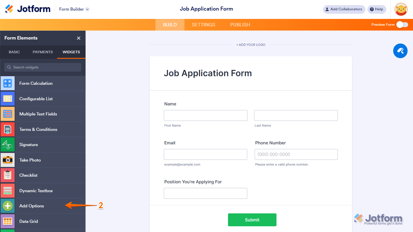 Form Elements Widgets tab showing Add Options widget selection in Jotform