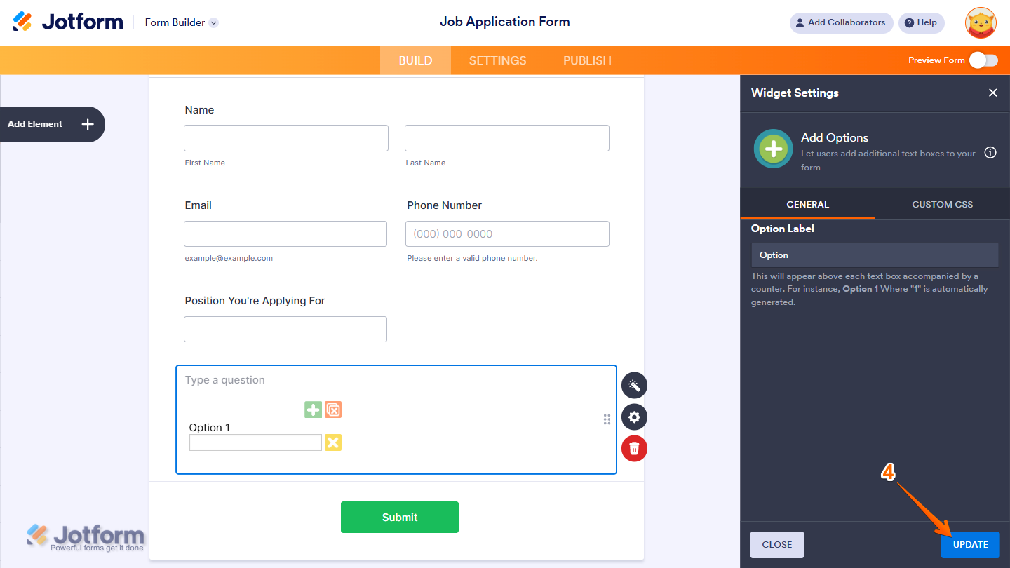 Add Options widget settings showing Update button in Jotform