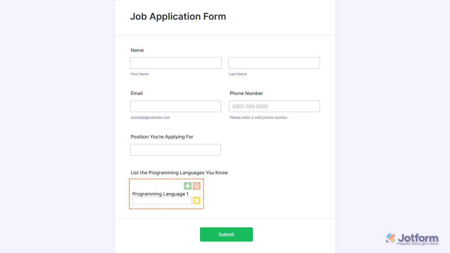Add Options widget interface showing add entry button remove entry button and clear all fields options in Jotform