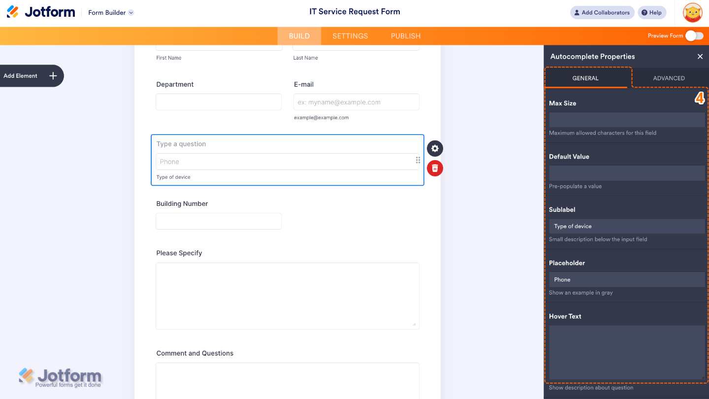 Autocomplete widget settings scrolled to the bottom, showing options for max size, default value, sublabel, placeholder, and hover text