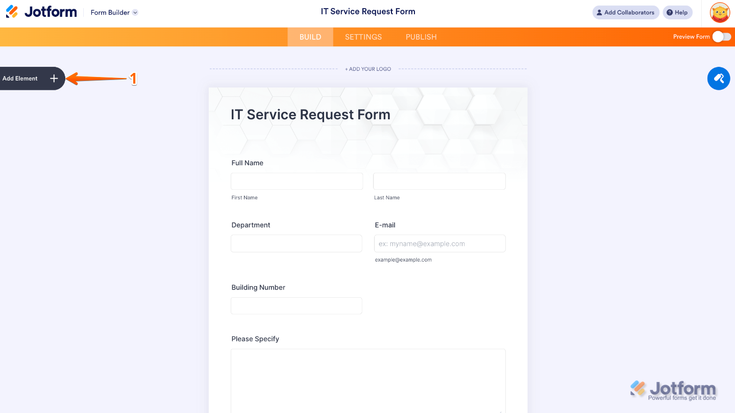 Form Builder interface showing the Add Element button on the left side of the page