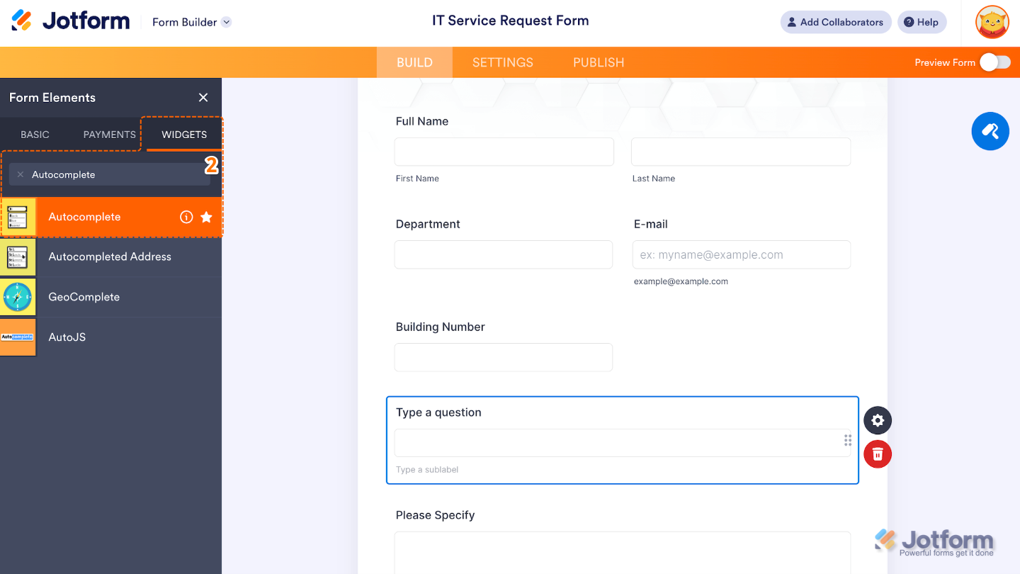 Form Elements menu under the Widgets tab showing the Autocomplete widget being searched and selected
