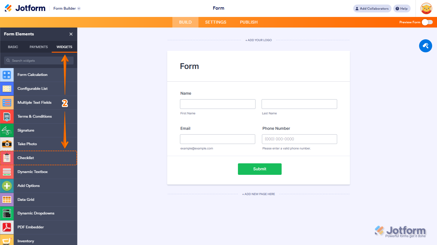 Form Elements Widgets tab showing Checklist widget selection in Jotform
