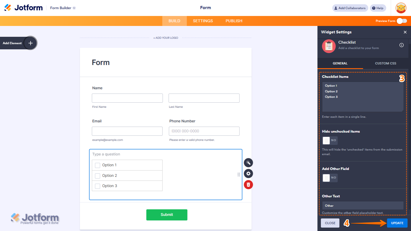 Checklist widget General settings menu with configuration options and Update button in Jotform