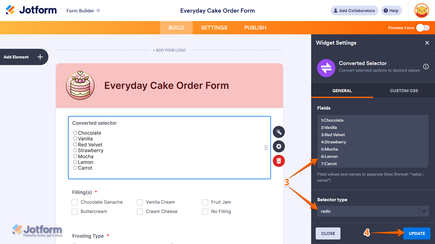 Converted Selector Widget Settings in Jotform Form Builder