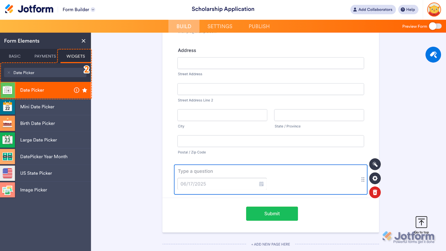 Form Elements menu with the Widgets tab open and the Date Picker widget selected