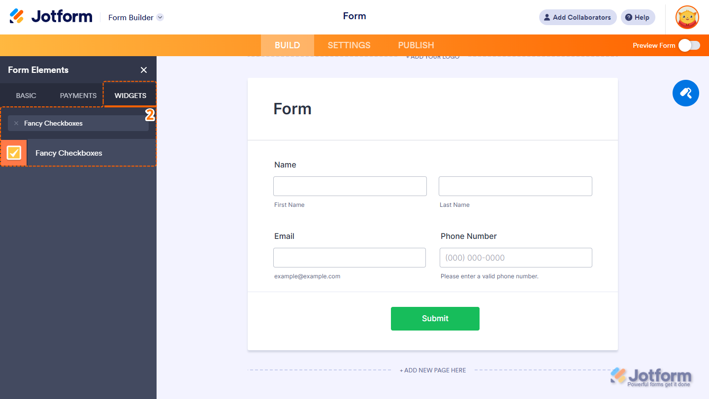 Form Elements Widgets tab showing Fancy Checkboxes widget selection in Jotform