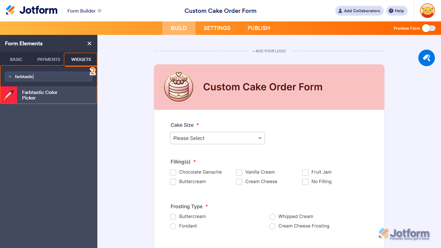 Farbtastic Color Picker element under the Widgets tab of the Form Elements menu in Jotform Form Builder