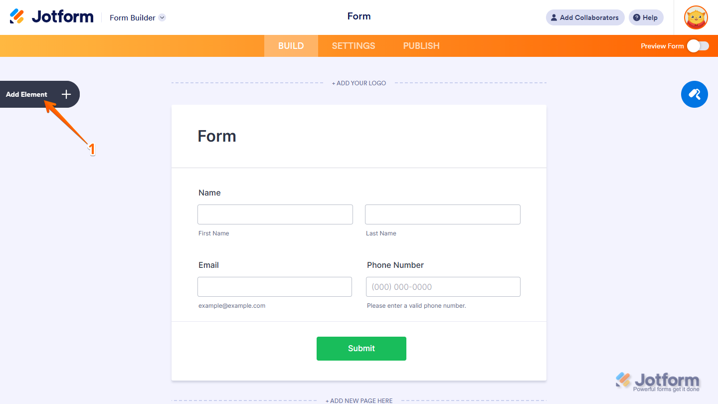 Form Builder Add Element menu in Jotform