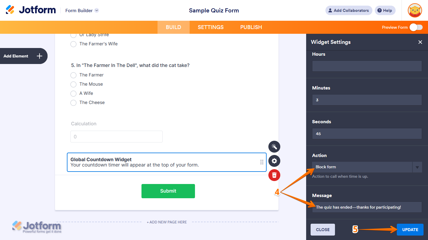 Other settings and Update button in the Global Countdown Widget Settings in Jotform Form Builder