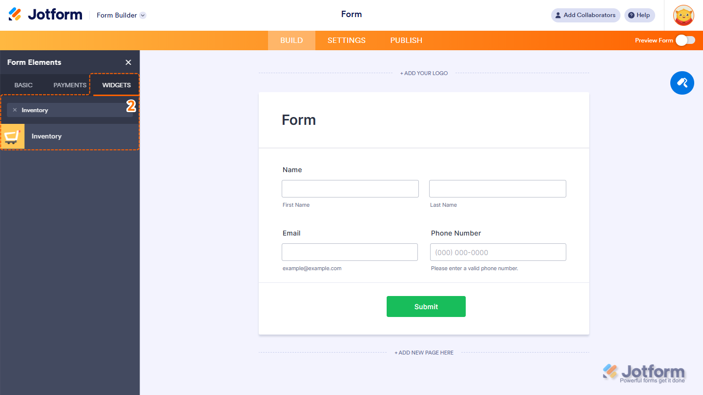 Jotform Form Elements menu under the Widgets tab showing the Inventory widget in the search results, ready to be selected or dragged and dropped onto the form