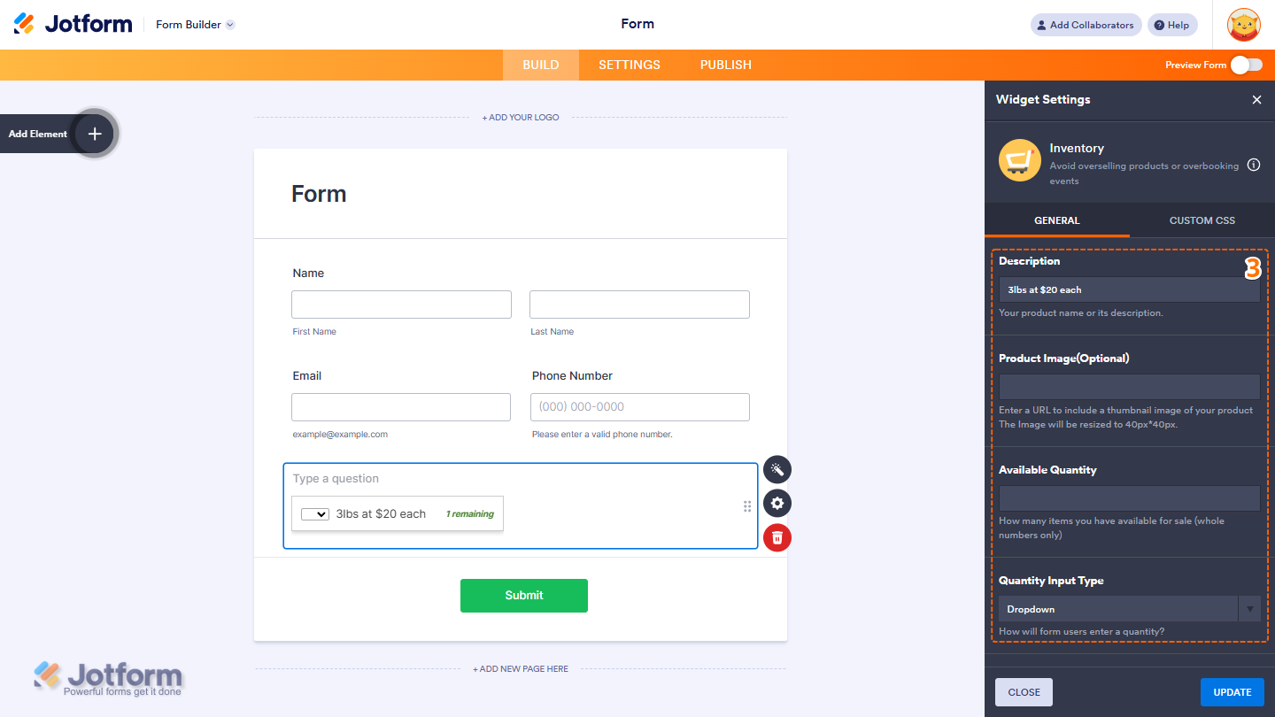 Jotform Inventory widget settings under the General tab, showing fields for Description, Product Image (Optional), Available Quantity, and Quantity Input Type for configuring product inventory and quantity selection