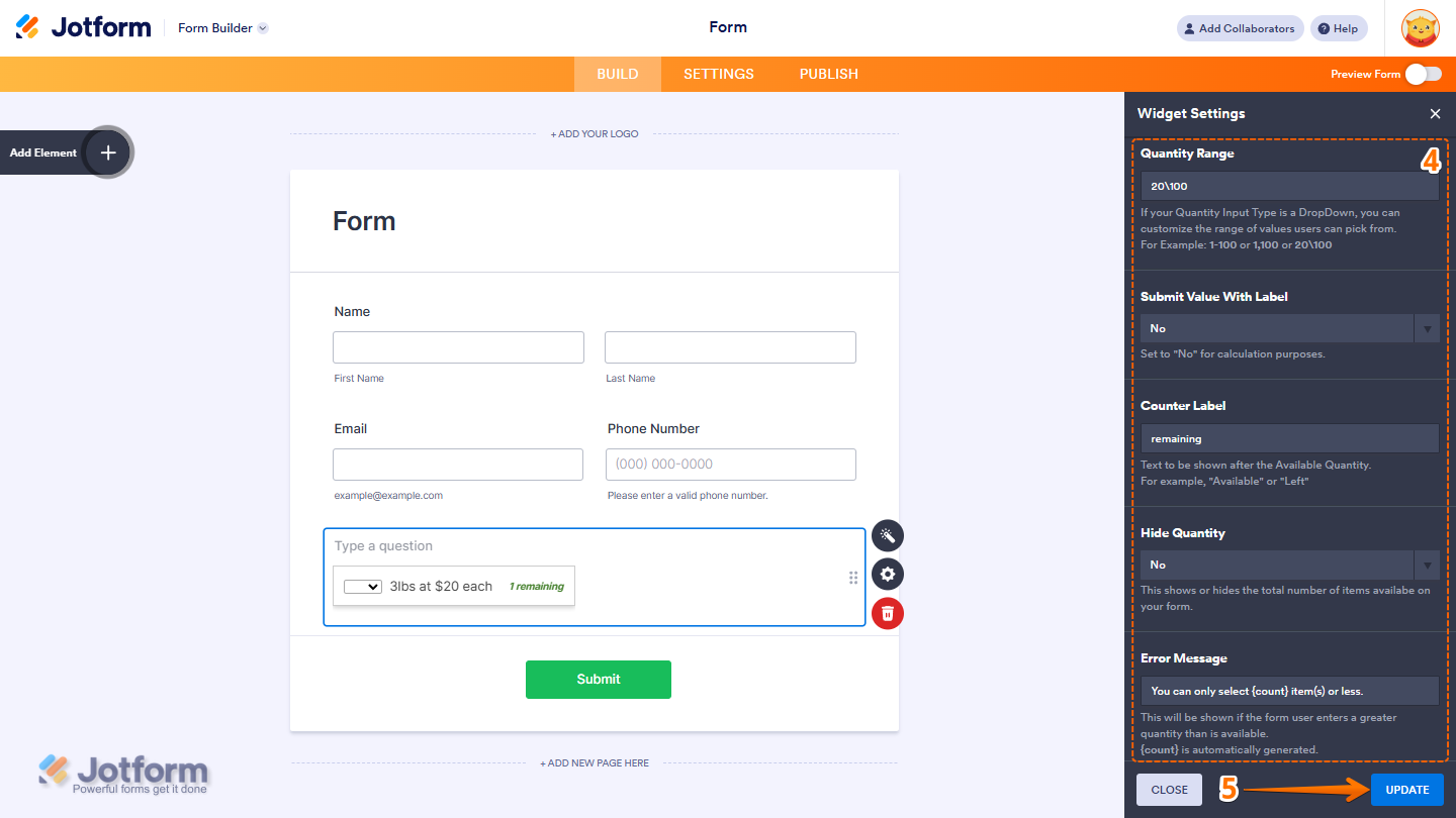 Jotform Inventory widget settings showing Quantity Range, Submit Value with Label, Counter Label, Hide Quantity, and Error Message options, with the Update button available to save the inventory configuration