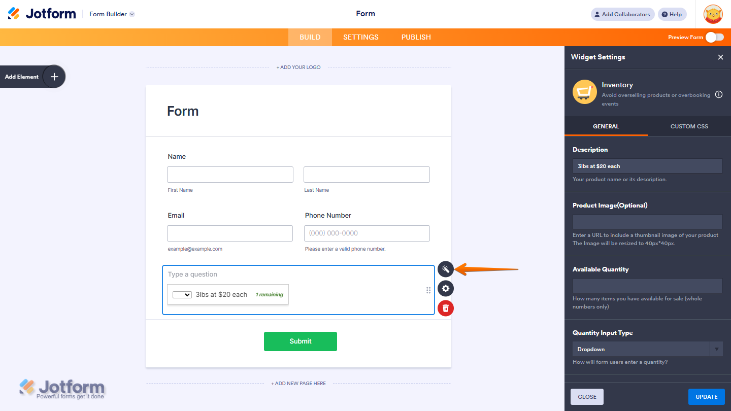 Jotform Inventory widget on a form showing automatically updated stock levels, with the Wand icon available to open settings and adjust quantities or inventory options when needed