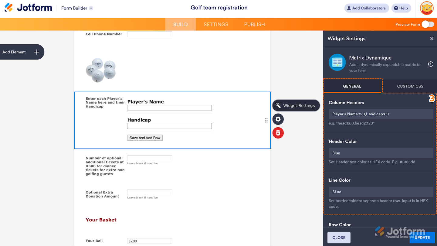 Widget Settings window open on the right side of the Form Builder under the General tab, showing Matrix Dynamique configuration options
